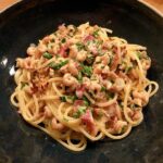 Spaghetti met Hollandse garnaaltjes en spek